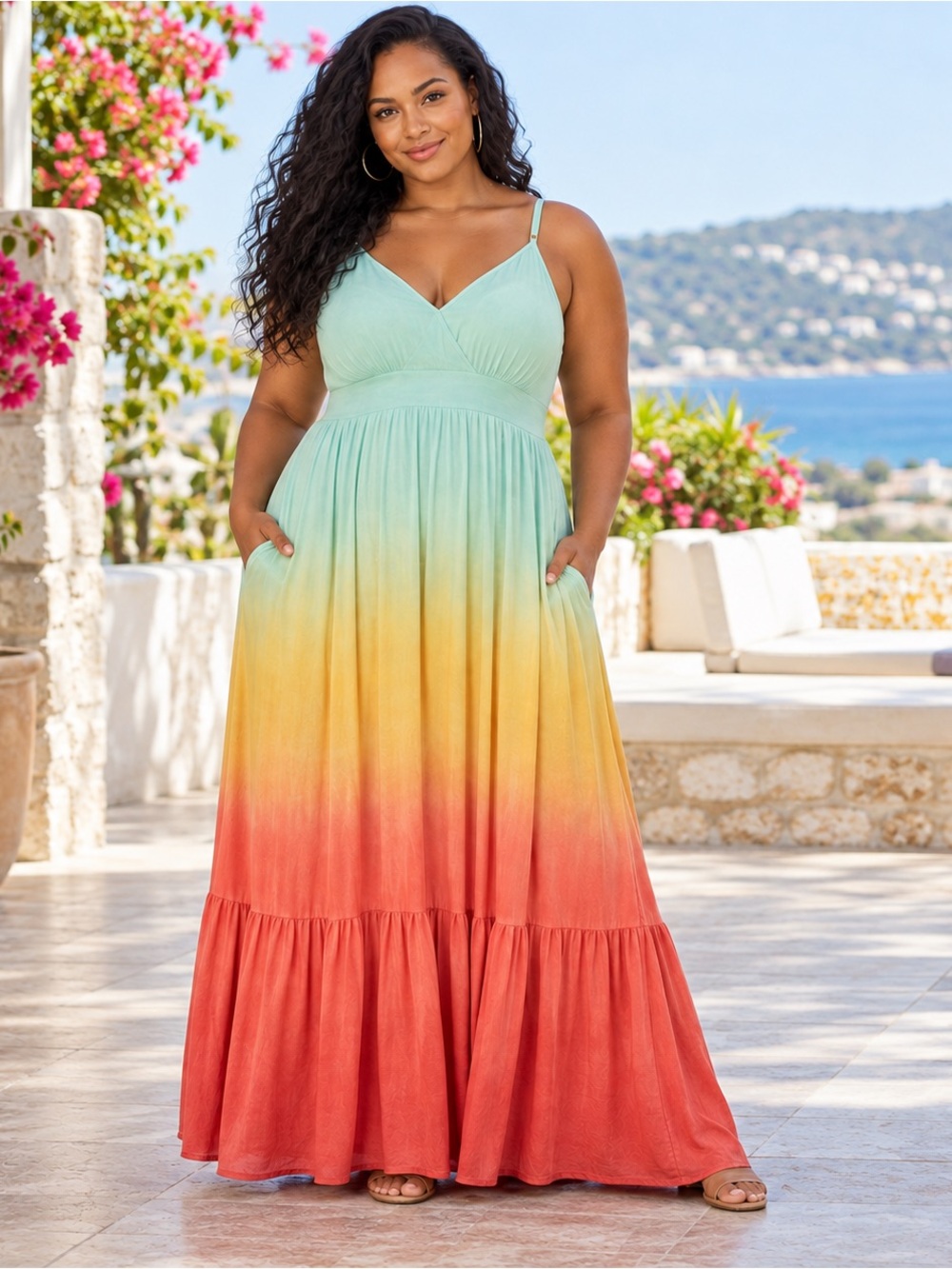Torrid Size 00 Ombre Maxi Dress Mint Yellow Coral Tiered Pockets Boho